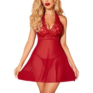 Erotic Niche Avidlove lace halter chemise babydoll nightwear with V-neck design, soft mesh fabric, and elegant lace detailing, perfect for romantic evenings.