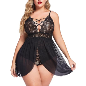 Erotic Niche Plus Size Lace Lingerie V Neck Babydoll Sleepwear